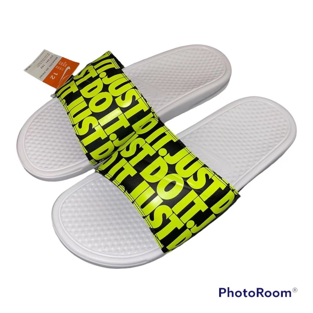 Nike Men's Benassi JDI Print Slide Sandal 631261-103 White/Volt/Black Just Do It